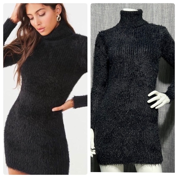 NWT Forever 21 Black Cozy Fuzzy Turtleneck Mini Sweater Dress S - Picture 1 of 9